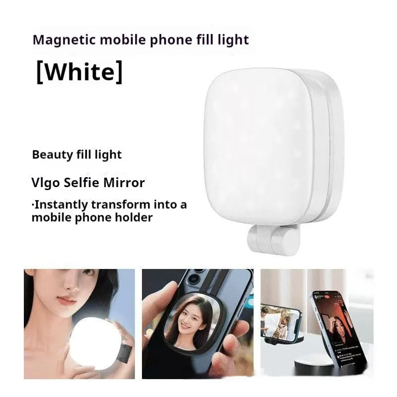 Black and white magnetic mobile phone fill light with mini mirror and three colour temperatures