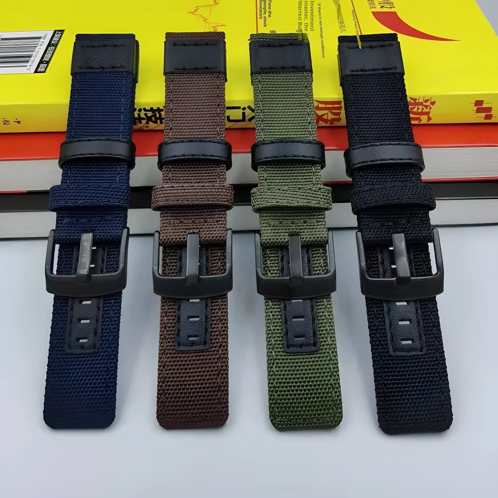 Oxford cloth watch strap in army green showing textured fabric and standard watch lug attachment