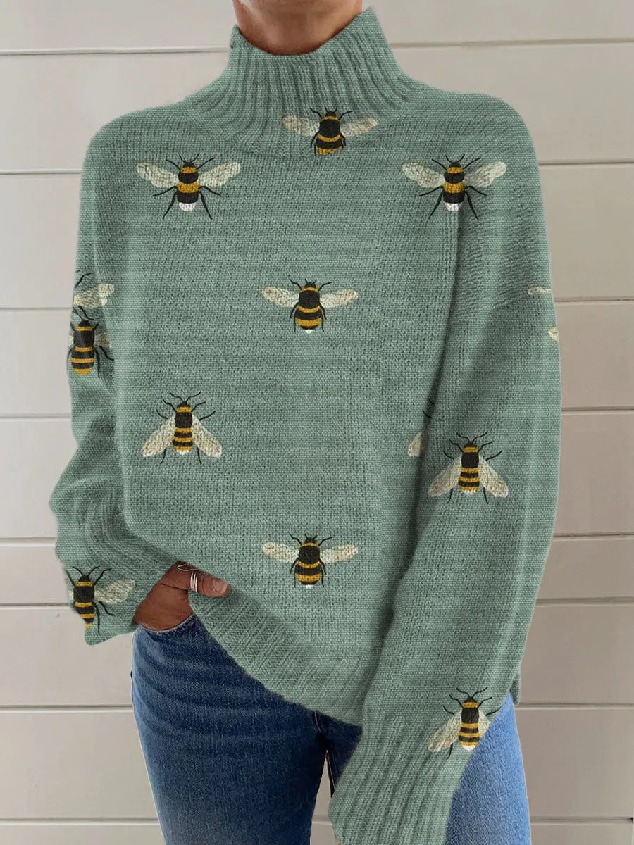 Women's loose-fit Christmas printed turtleneck sweater in macaron colour with painting pattern.
