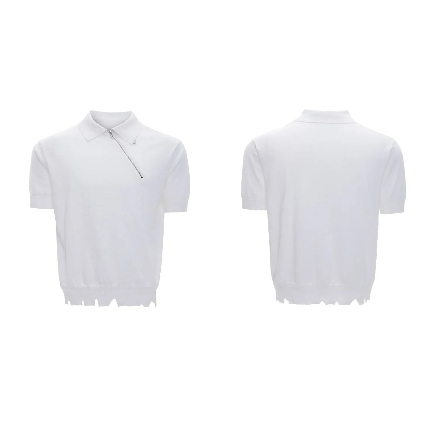 Men's black slim-fit knitted polo shirt with an oblique diagonal front zipper and lapel collar.
