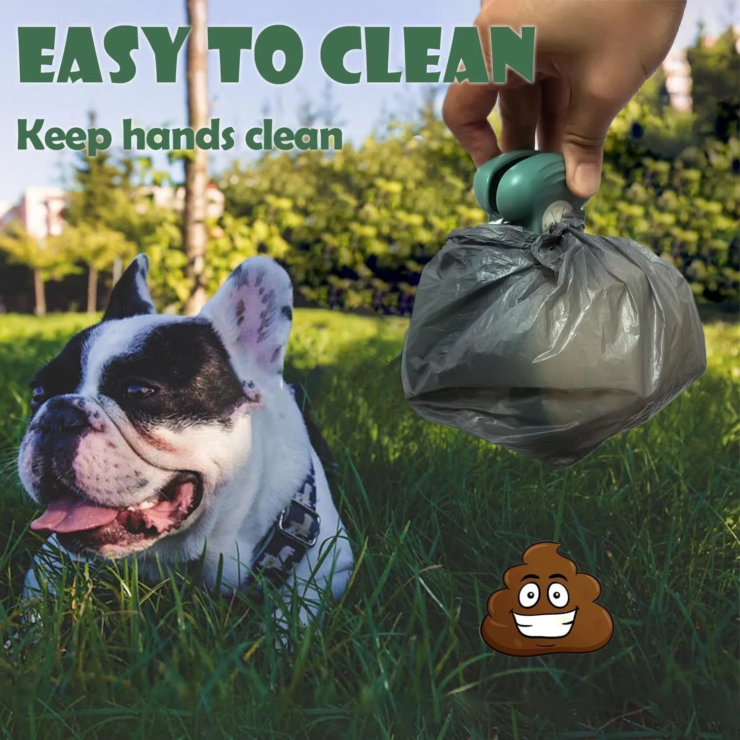 Blue portable pooper scooper with expandable container and carabiner clip for dog waste cleanup