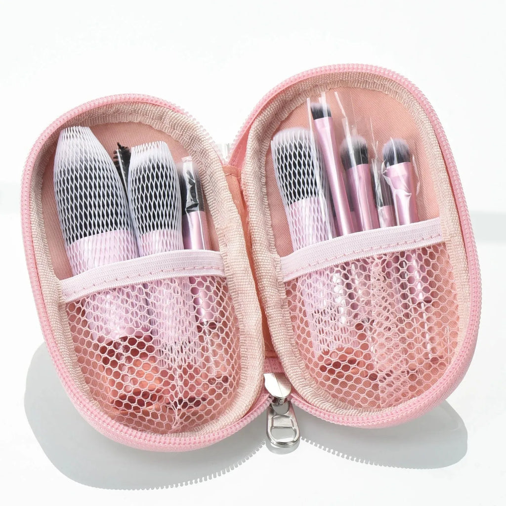 Mini makeup brush set with storage bag, artificial fibre and goat hair bristles, long handle, and air cushion puff