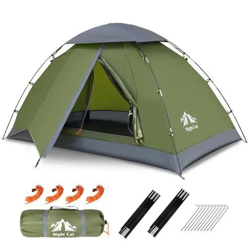 Dark green two-person pop-up camping tent with waterproof construction