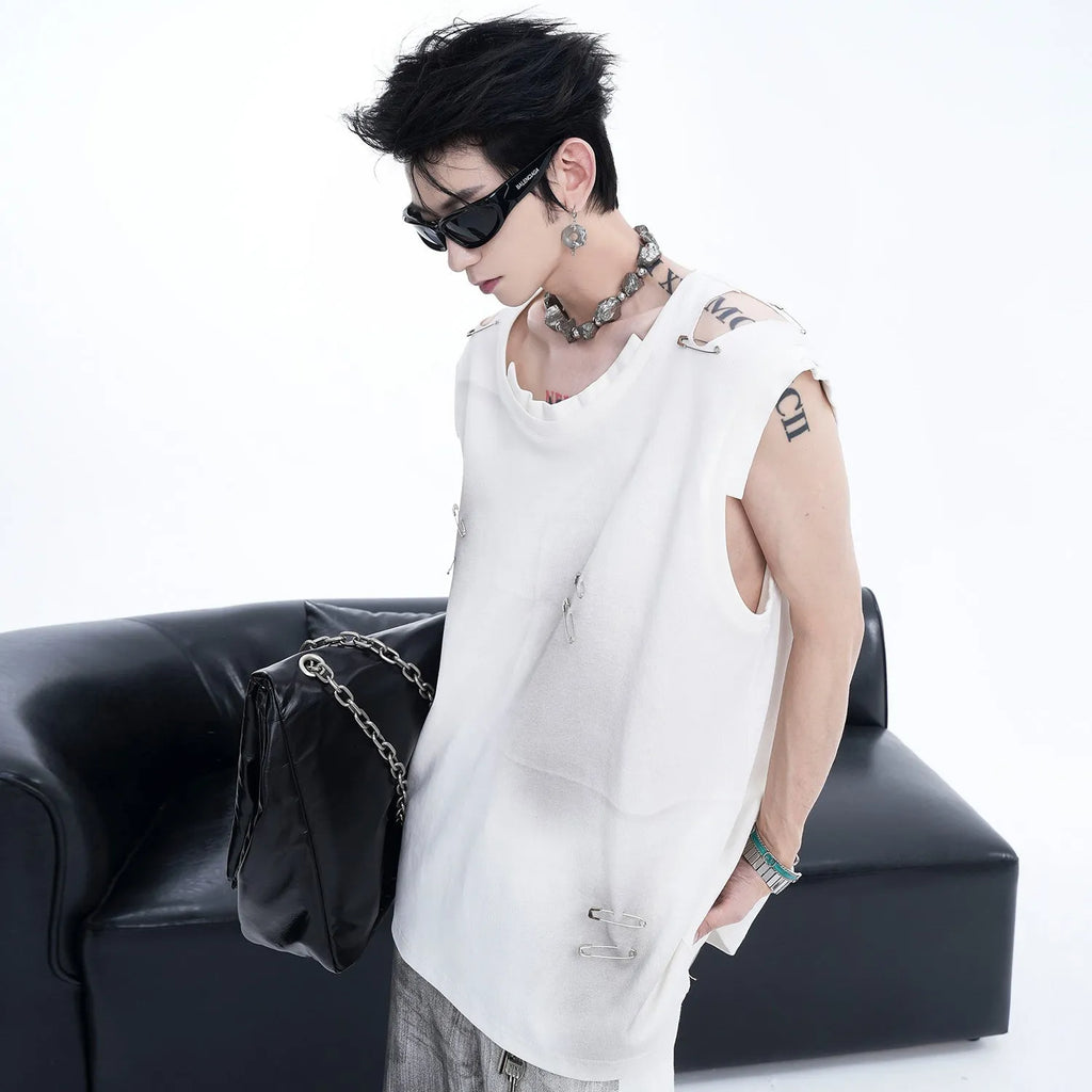 Men's black sleeveless vest t-shirt with ripped irregular cutting design showing round neck collar and cotton blend fabric
