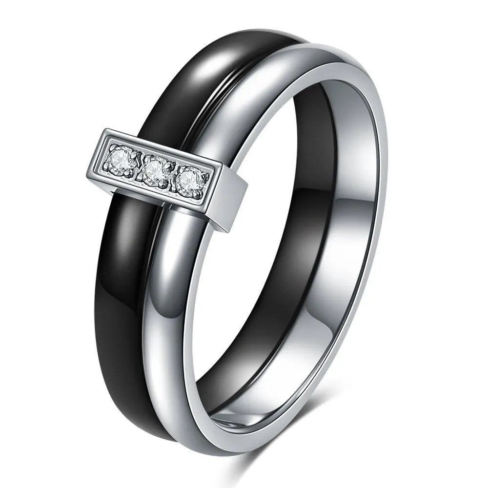 Women's ceramic ring with 6mm wide band and glossy zirconium inlay in steel black finish.