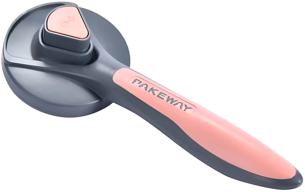 Self-cleaning slicker brush for pets with a grey handle and fine metal bristles.