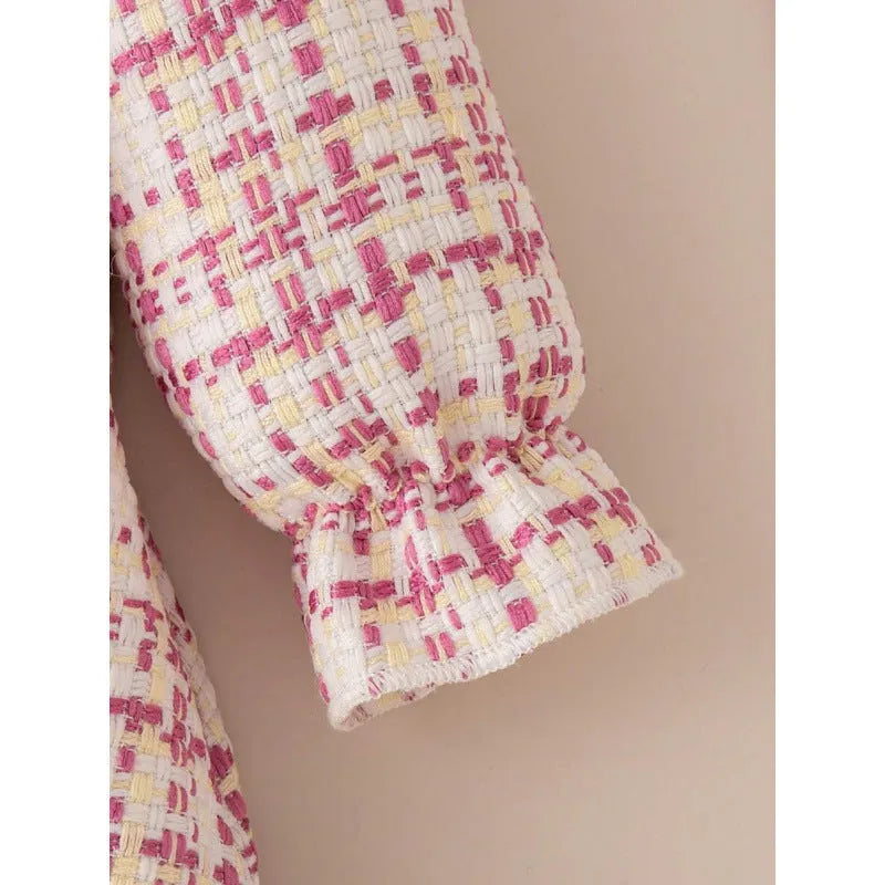 Pink plaid lace collar bow dress for baby girls, regenerated cellulose fibre fabric, suitable height 12-18 months