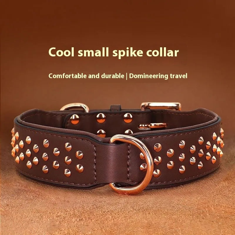 Leather dog collar with anti-bite rivets in black, chocolate, or pink colour options