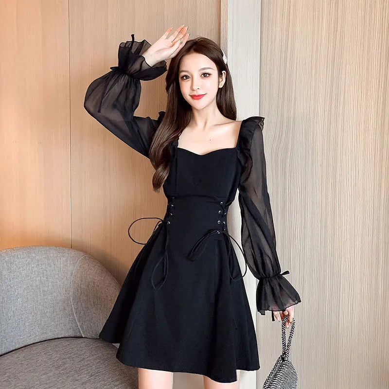 White chiffon patchwork waist-slimming dress with long sleeves and long skirt