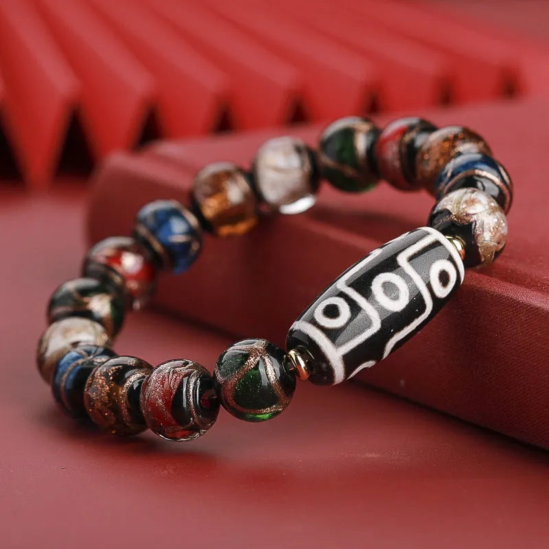 Chinese style coloured glaze bracelet with auspicious patterns and colourful beads in 10mm, 12mm, 14mm sizes