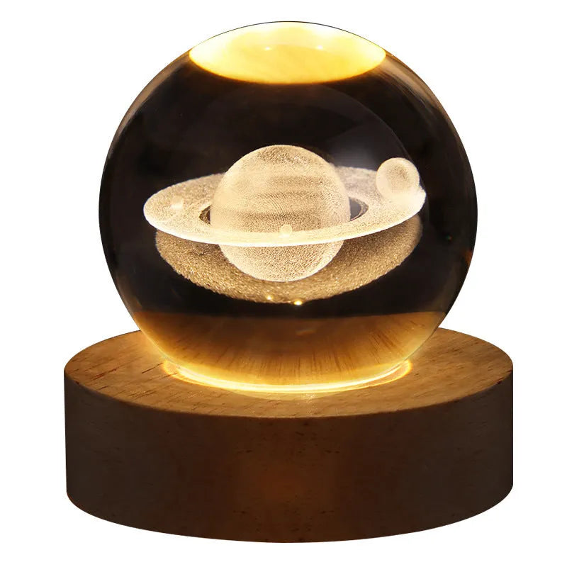 3D crystal ball night lamp with starry sky planets and moon projection on wooden base