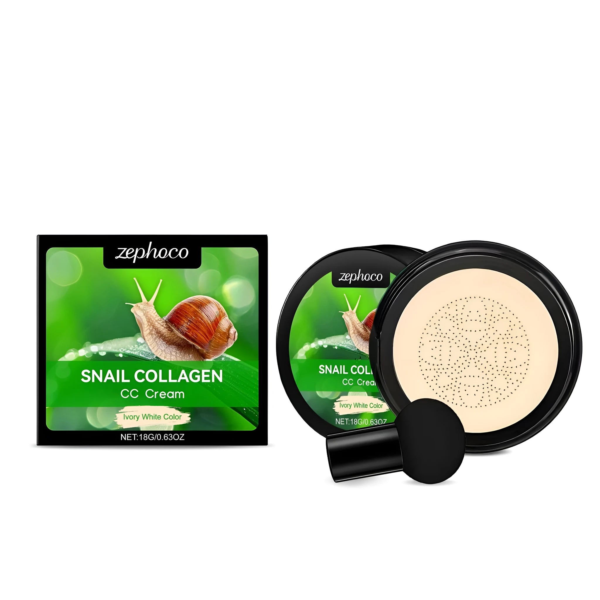 Moisturising CC cream foundation tube with mushroom powder puff in ivory white and natural colours