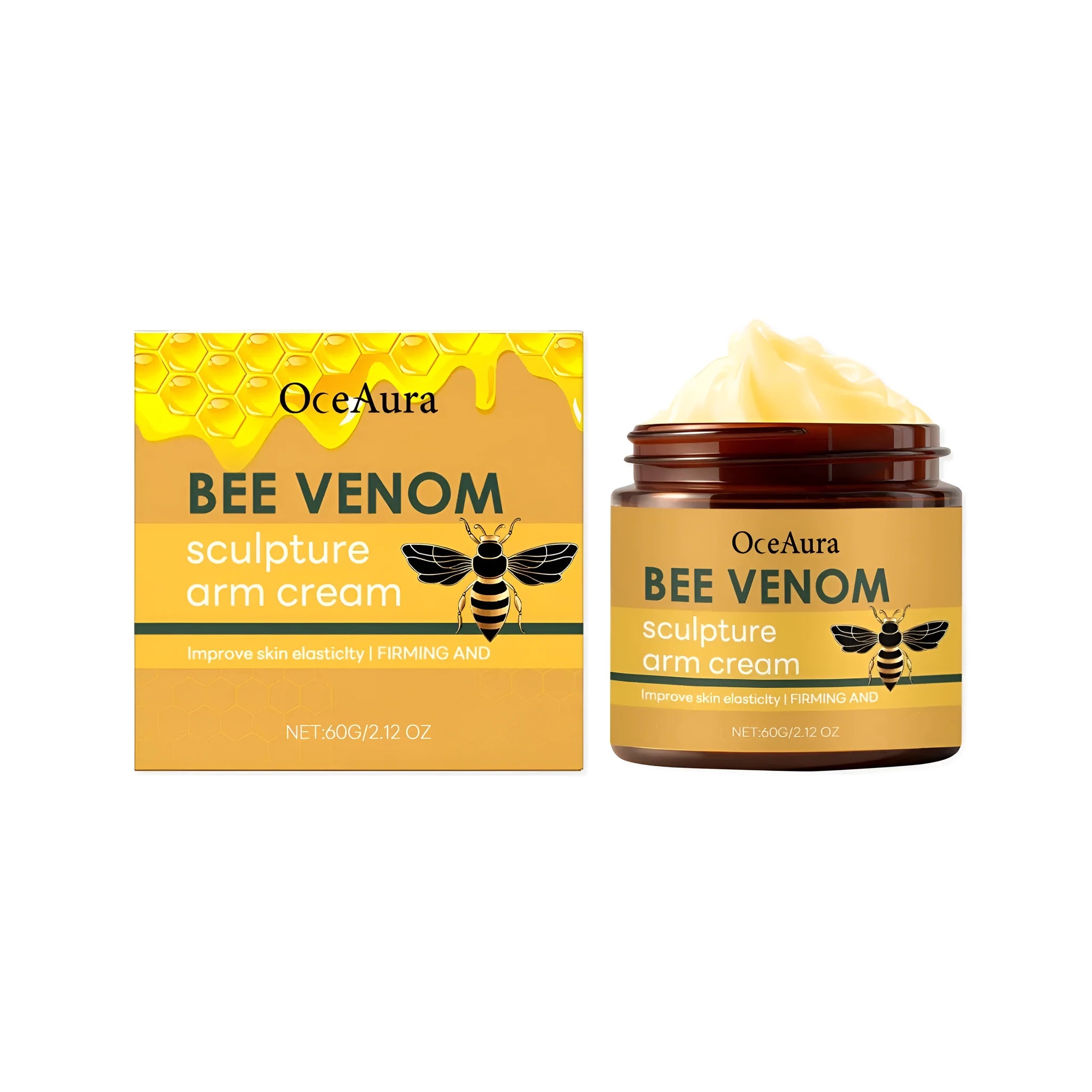 Body firming cream 50g jar with hydrolyzed collagen and bee venom on white background