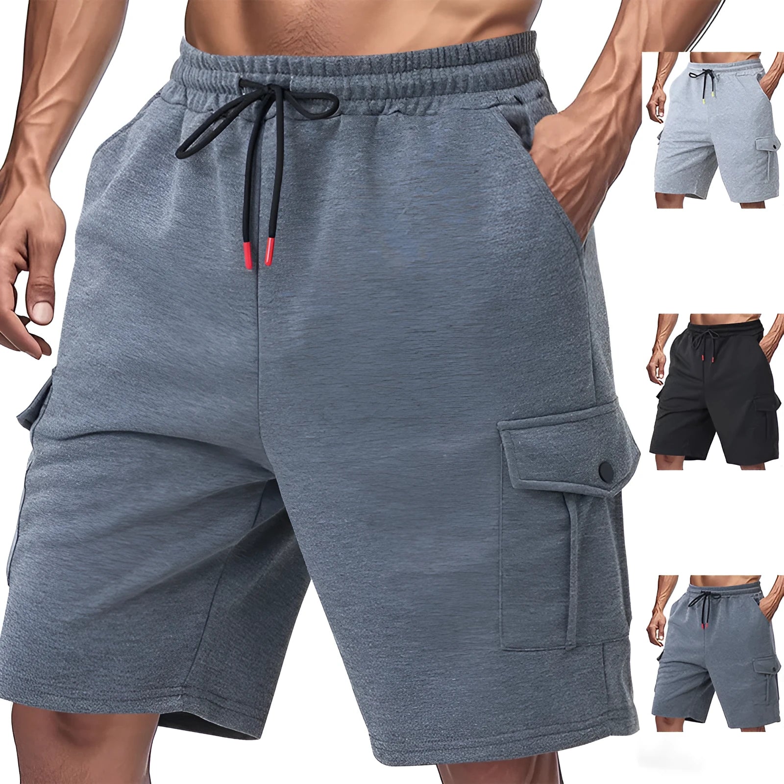 Men's heavy towel fabric cargo shorts with multiple pockets in light grey colour showing elastic waistband and loose fit design
