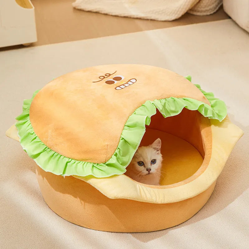 Grey foldable cat kennel with enclosed design and removable light grey faux fleece mat inside