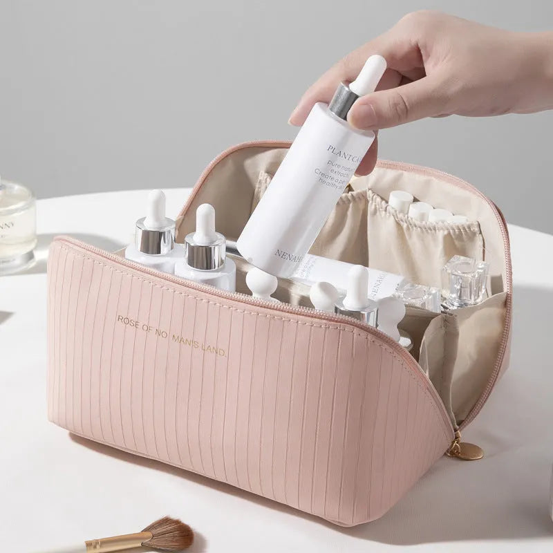 Vertical pattern cubic makeup bag in soft PU leather with 22.5cm by 12.5cm dimensions