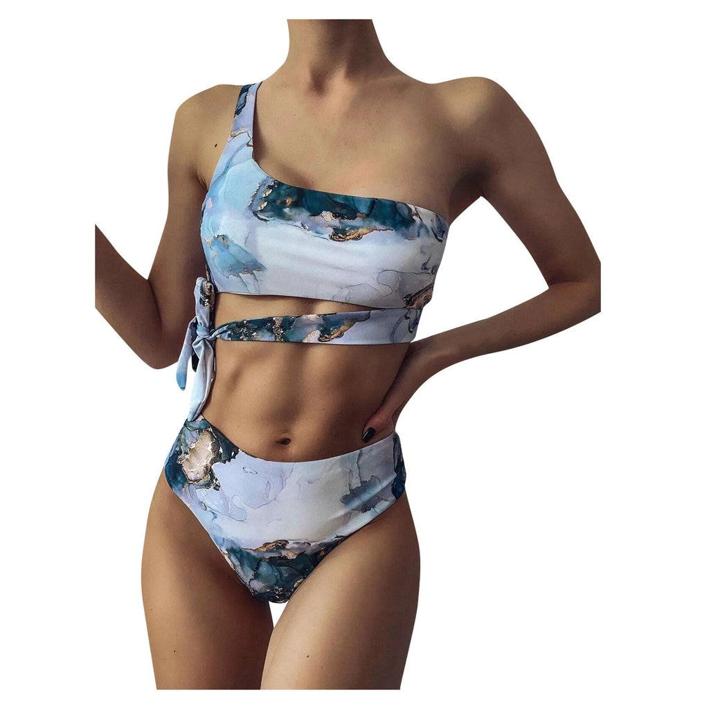 Women's marble tie-dye printed high-waist bikini with U-neck top in multiple colour variations