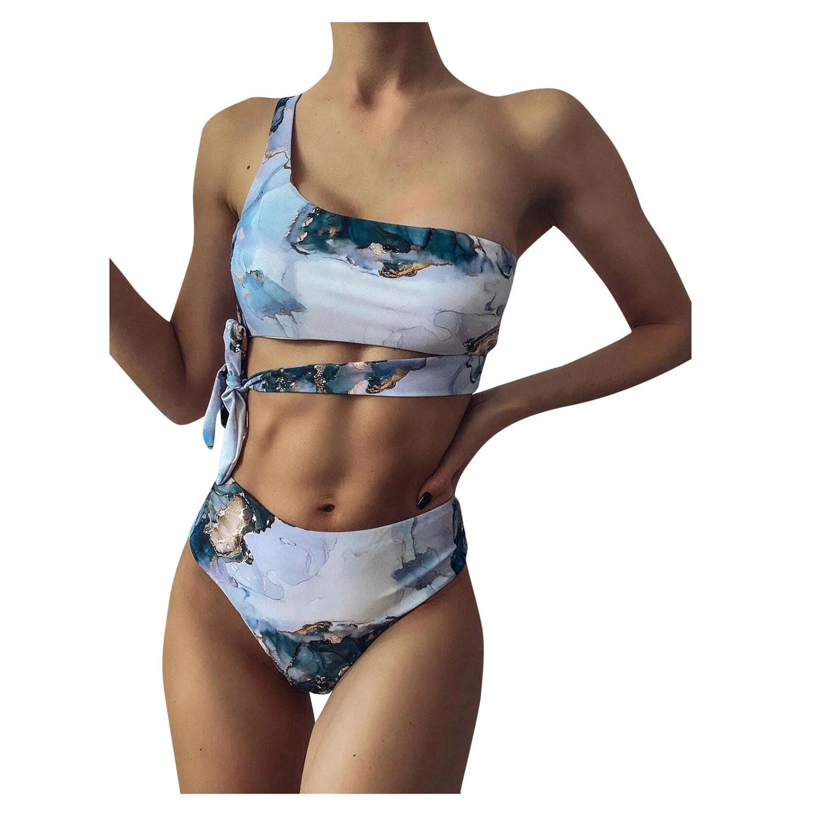 Women's marble tie-dye printed high-waist bikini with U-neck top in multiple colour variations