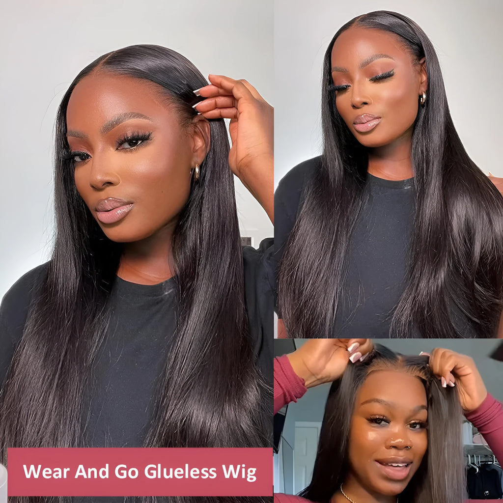 Long straight human hair glueless wig with side bangs, shown in natural colour.