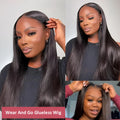 Long straight human hair glueless wig with side bangs, shown in natural colour.