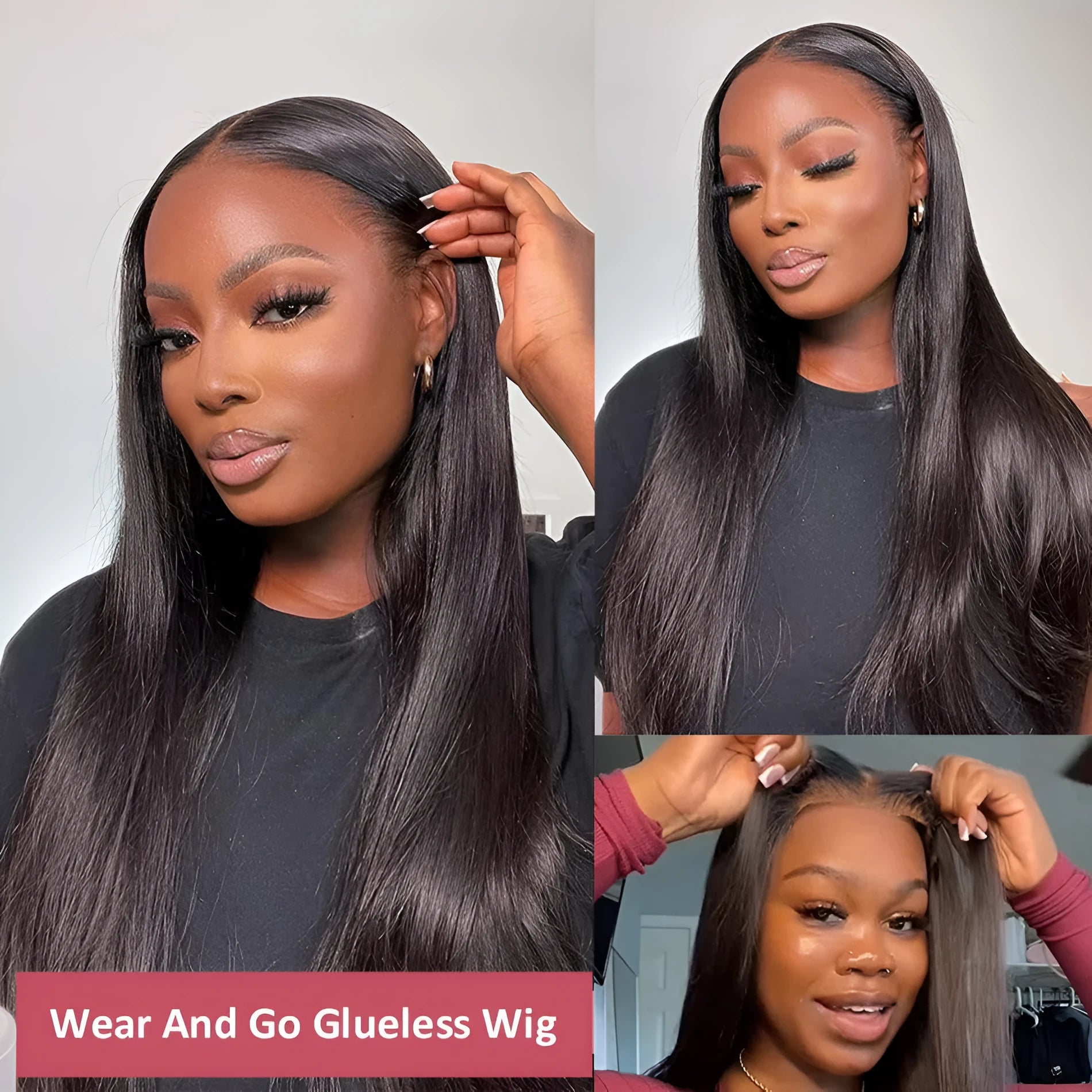 Long straight human hair glueless wig with side bangs, shown in natural colour.
