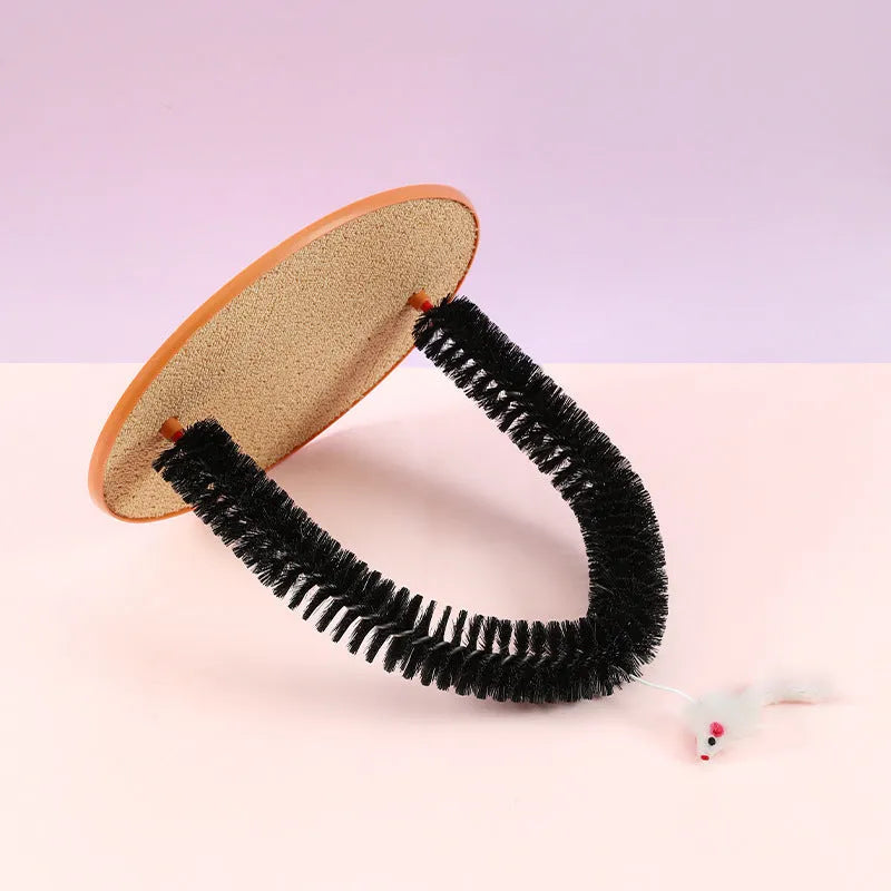 Black plastic cat hair rub anti-itch device with arch brush and attached lanyard mouse toy