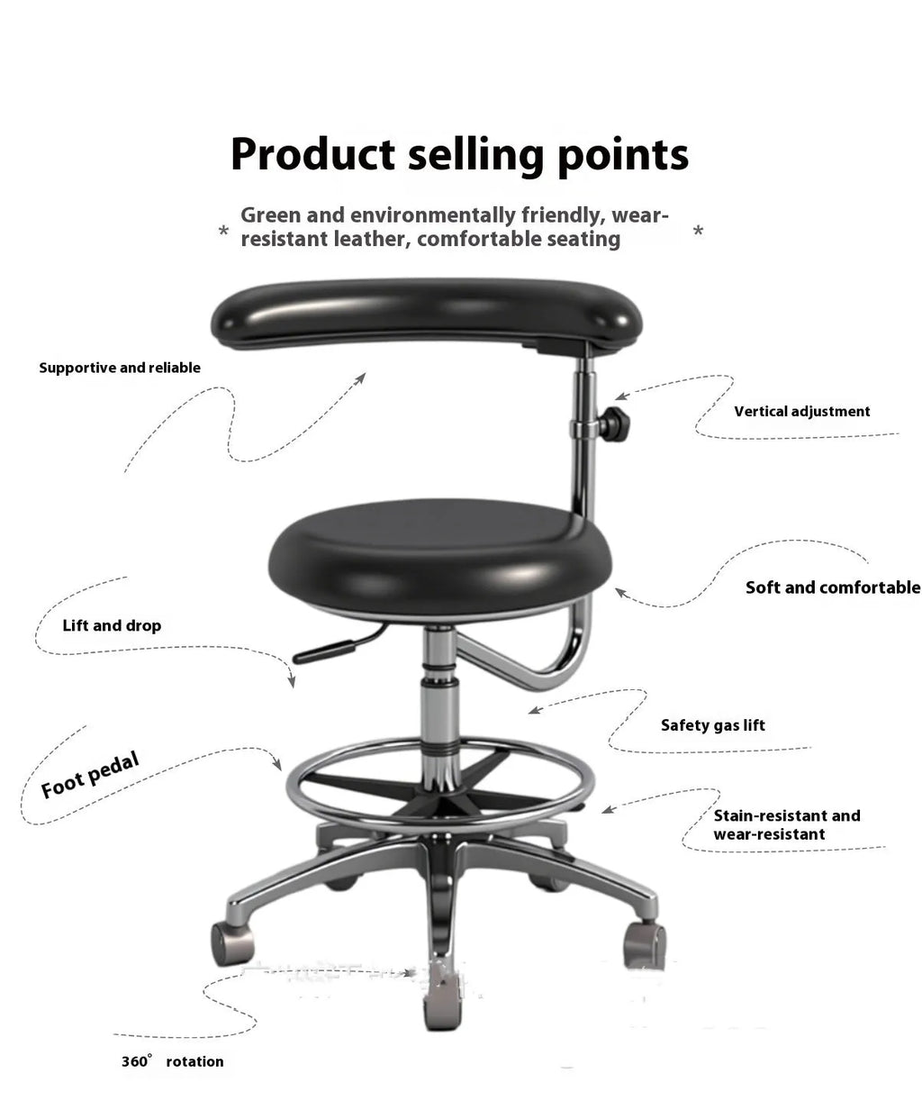 Black leather dental patient chair with electric hydraulic lifting mechanism for clinical positioning