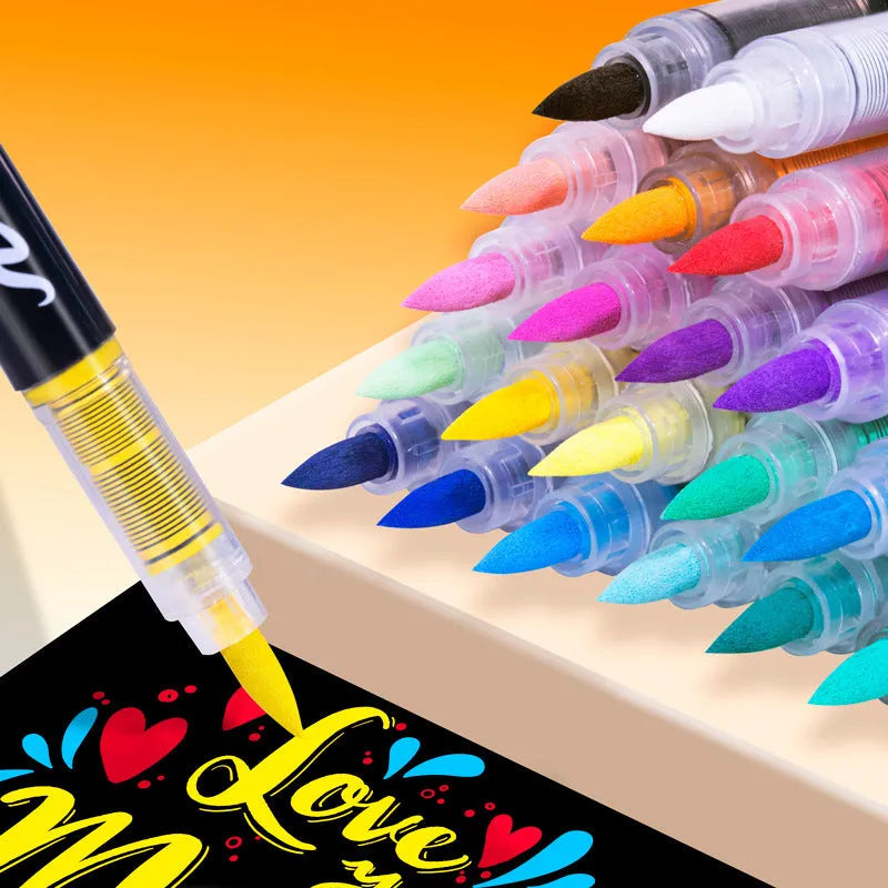 Set of straight liquid acrylic paint marker pens with soft brush tips in multiple colours