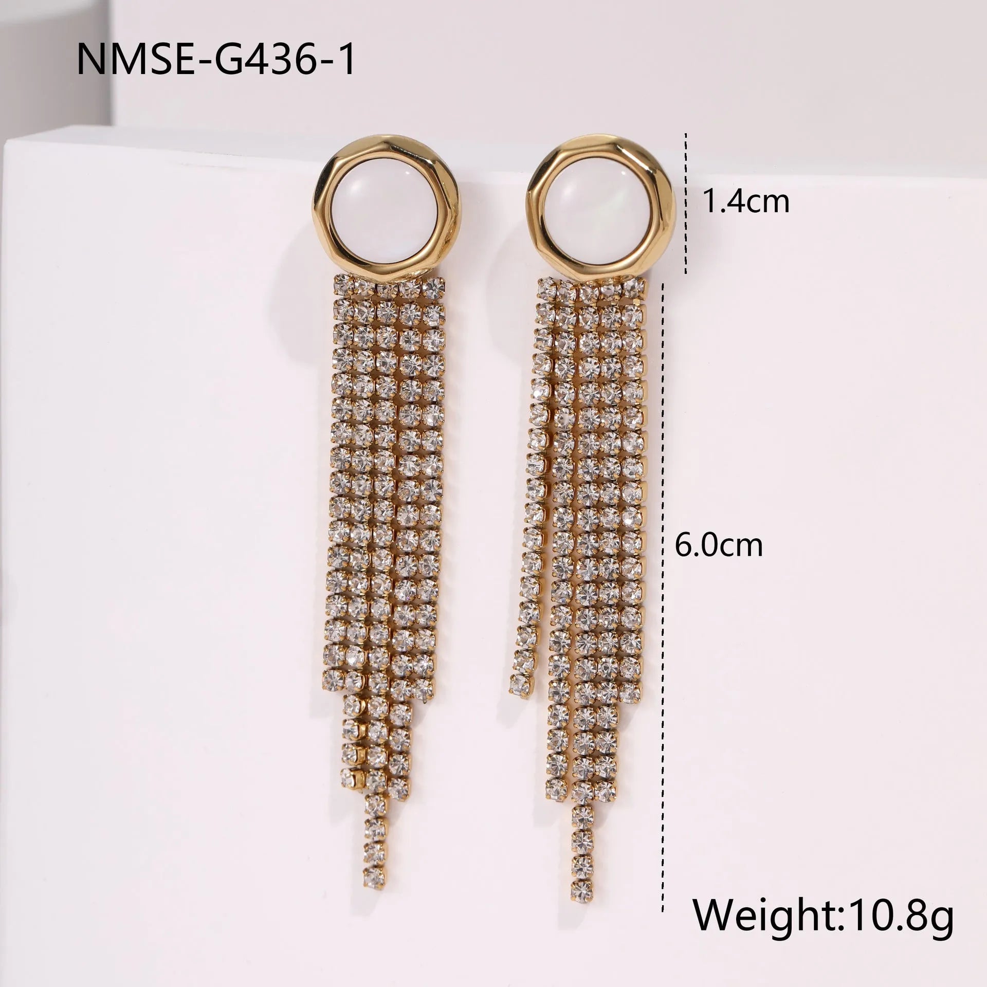 Women's stainless steel heart earrings with diamond tassel and 18K gold electroplated finish