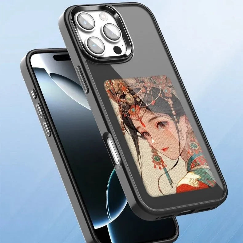 Black Smart NFC screen projection phone case with four-colour e-ink display and TPE relief texture for iPhone