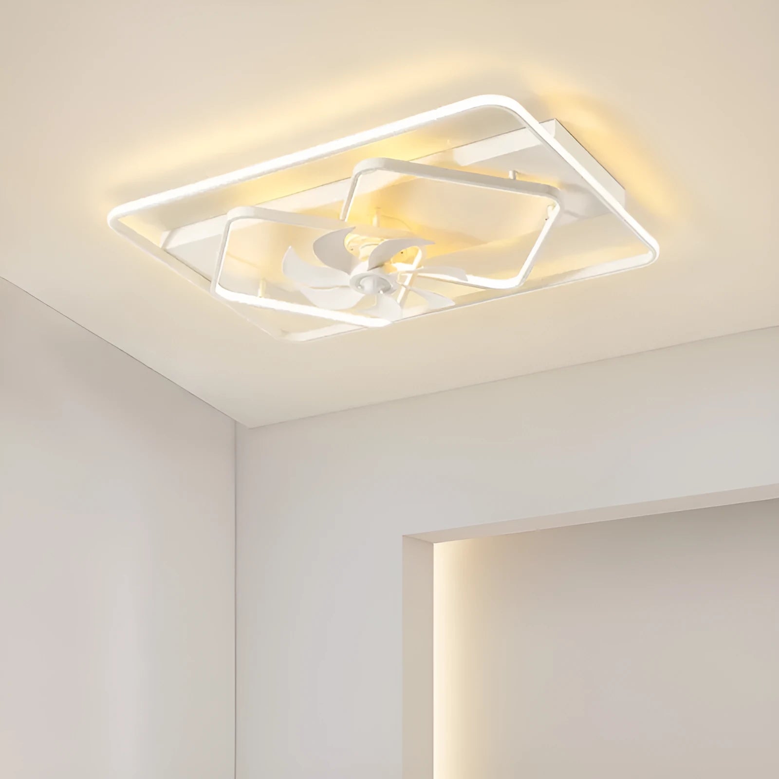 Ceiling fan lamp with light showing five plastic blades and acrylic lampshade in modern simple style