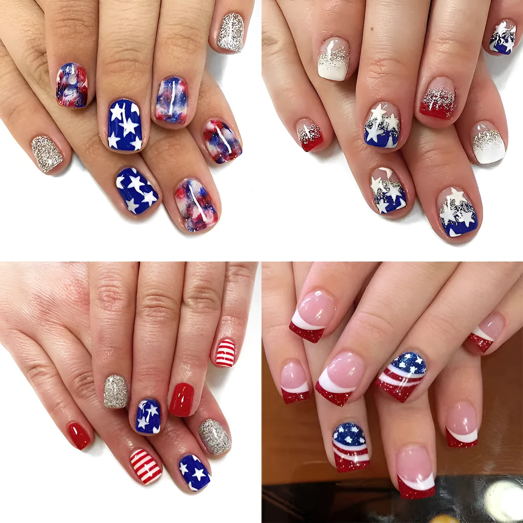Independence day nail art set with three patriotic designs featuring five-pointed stars for short European square nails