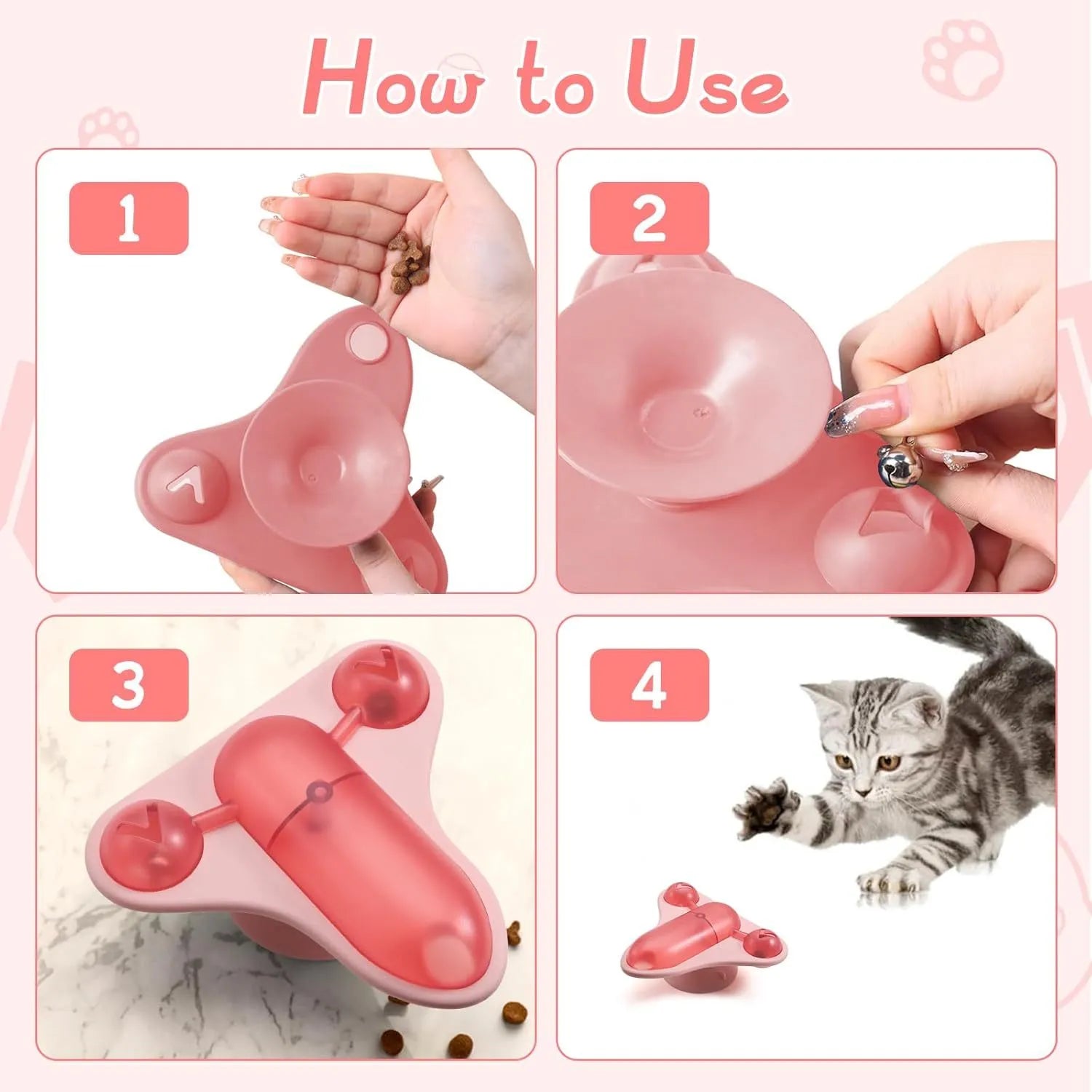 Interactive pet puzzle toy with suction cup base, central snack compartment, bell, and catnip insert