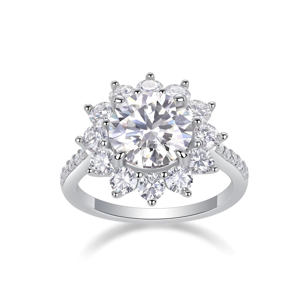 Sunflower wedding ring set with 3-carat moissanite centre stone in platinum-plated S925 silver band, gift box and GRA certificate