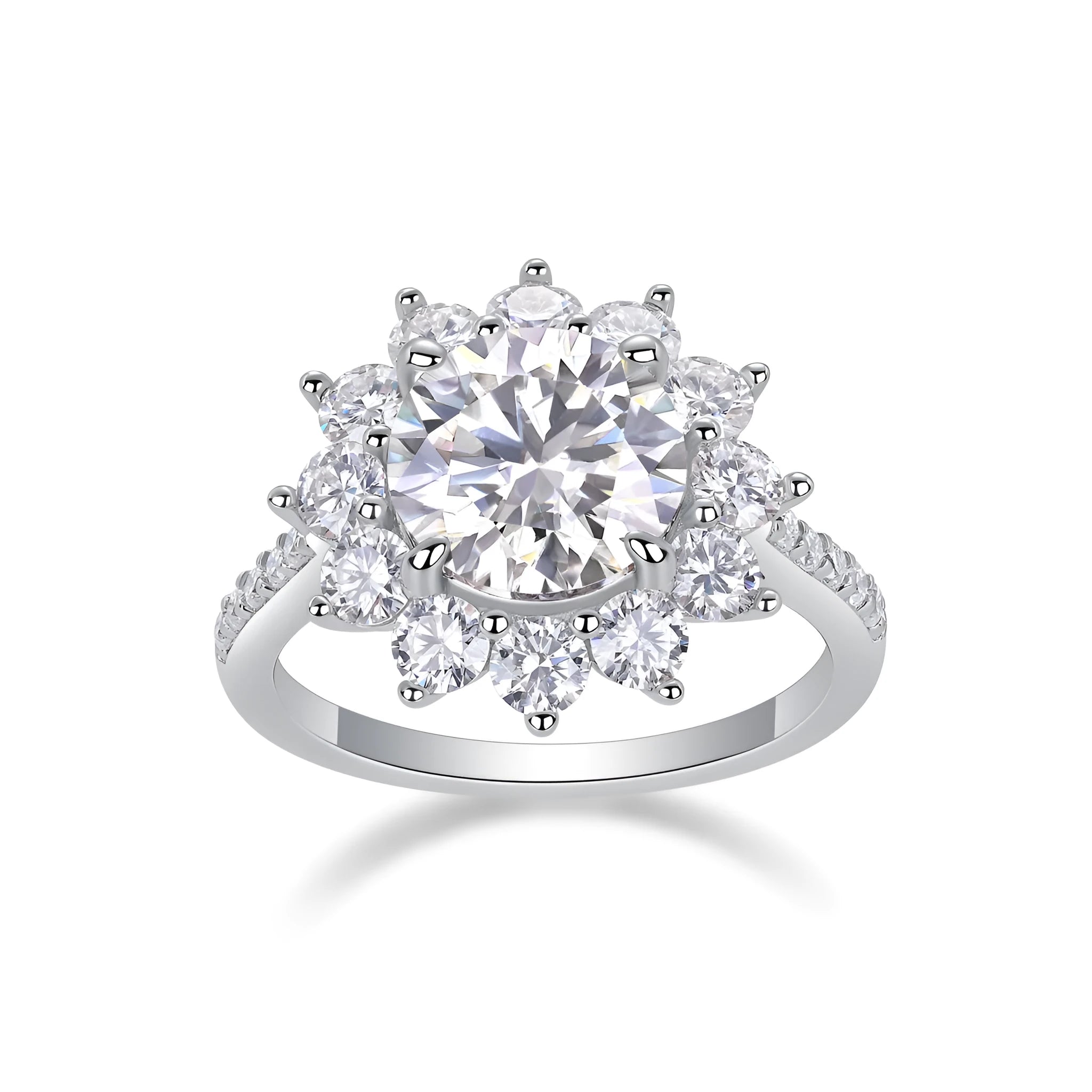Sunflower wedding ring set with 3-carat moissanite centre stone in platinum-plated S925 silver band, gift box and GRA certificate