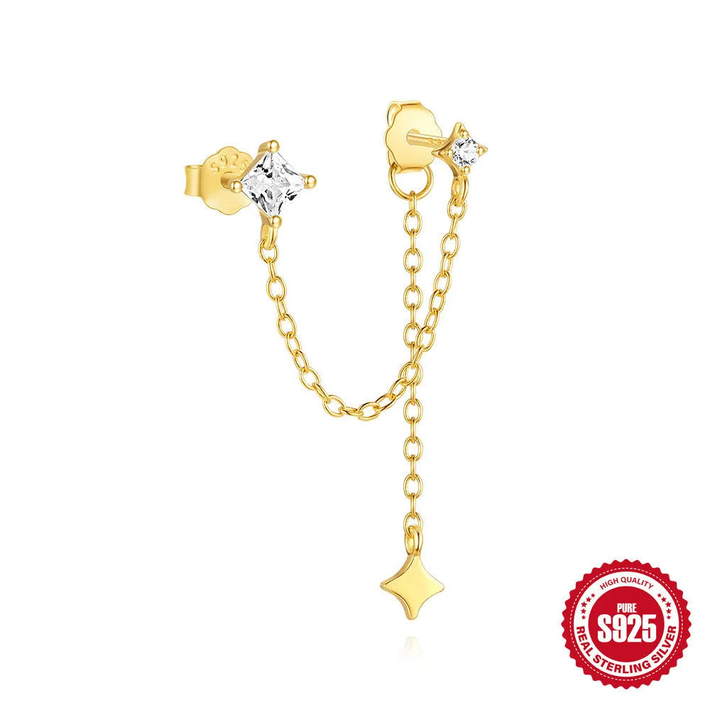 S925 sterling silver double ear piercing chain stud earrings with zircon stones in golden geometric designs