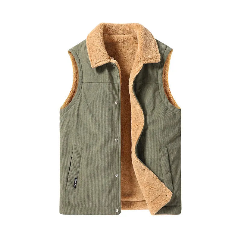 Men's corduroy flip collar jacket in Army Green, shown on model, with full front view