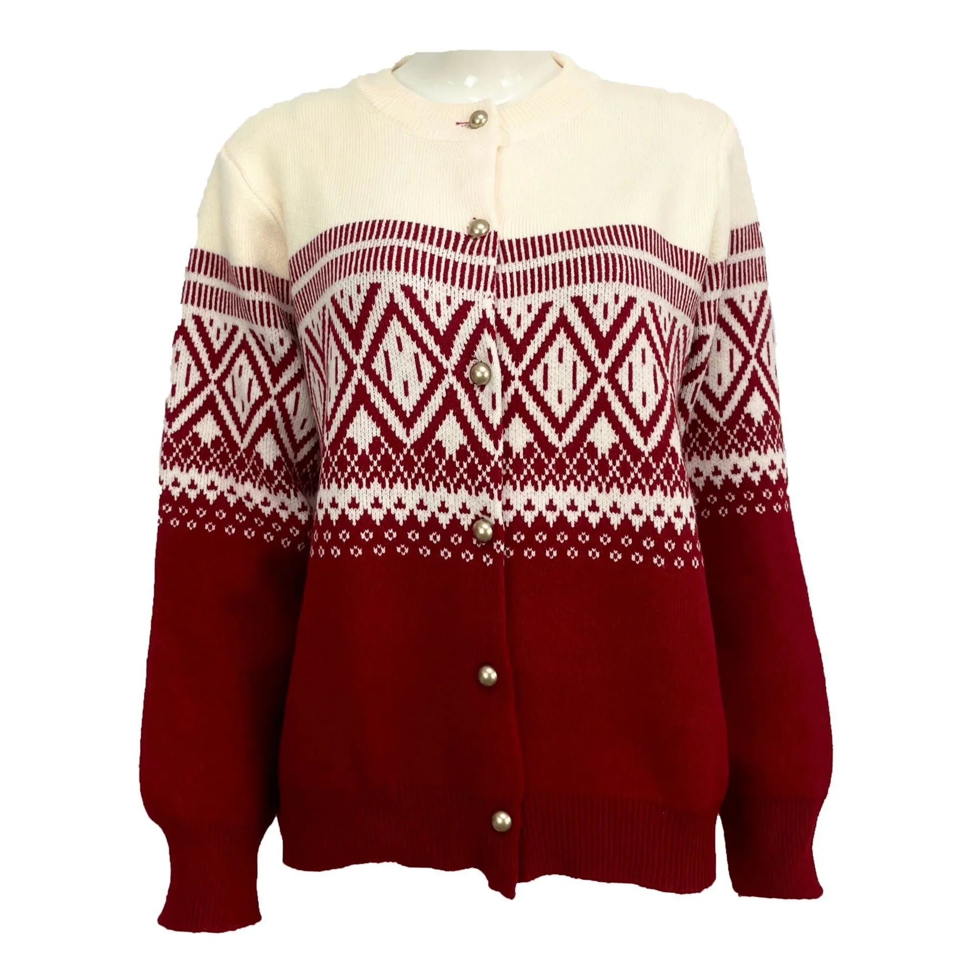 Women's alpaca wool cardigan with contrast colour diamond pattern showing long sleeves and street fashion styling