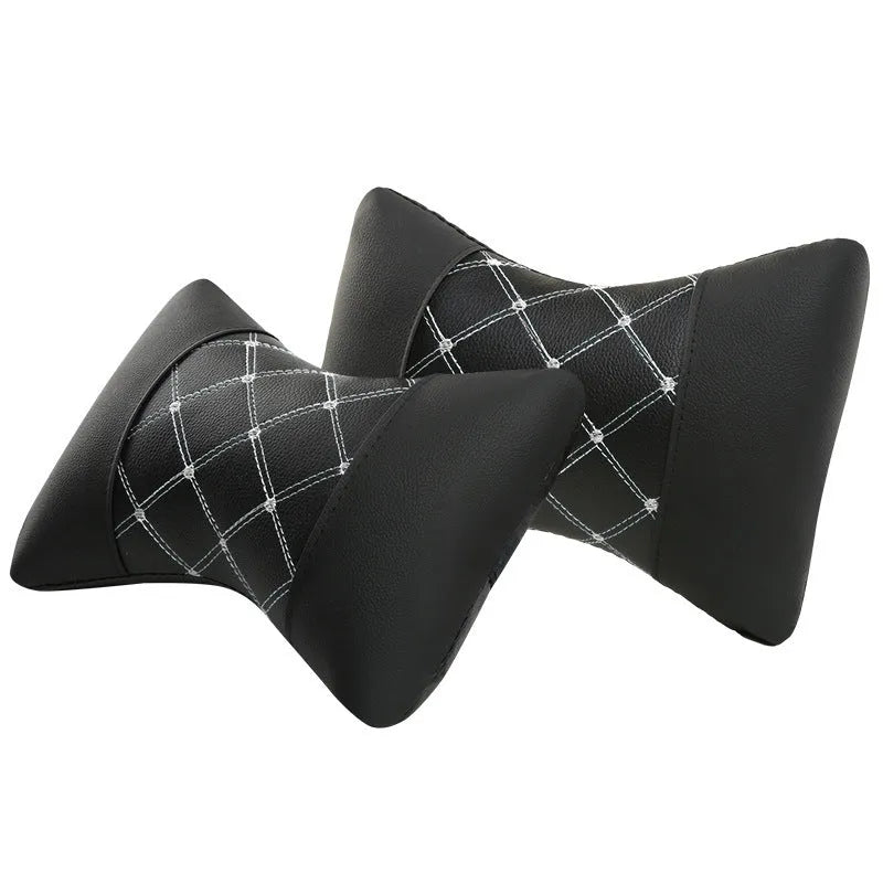 Artificial leather quilted car headrest cushion pair with elastic cotton filling for neck support