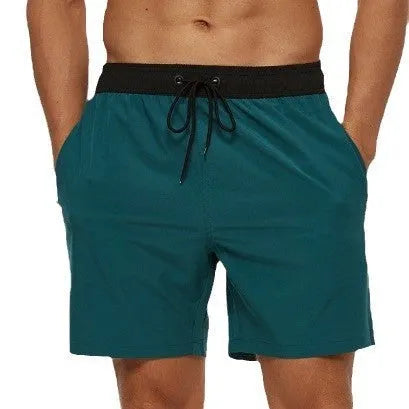 Men's blue stitching waist athletic shorts with zipper pocket and drawstring for running fitness