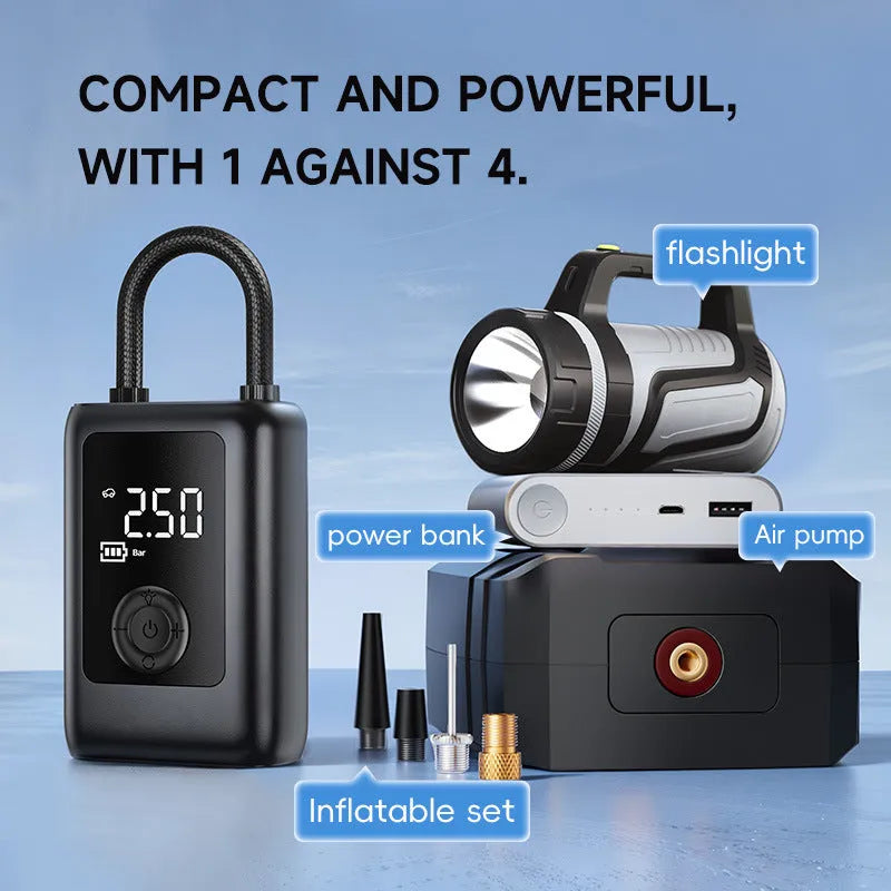 Car portable electric gas filling bag in ABS material with 12V cord, tyre pressure gauge, and LED light on a dark road surface