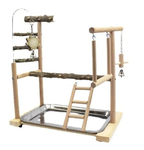 Pepper wood parrot toy stand with a textured bird perch and flat platform for small parrots.