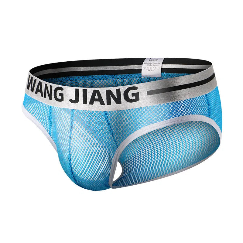 Men's triangle mesh low waist solid colour briefs in breathable polyester, available in multiple sizes and colours