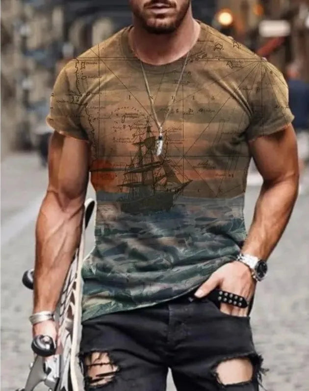 Abstract painting print short-sleeved t-shirt with round neck, collarless design, 80% cotton blend, available in multiple colours and sizes S-5XL