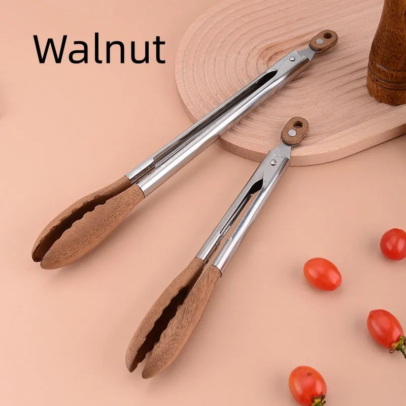 Stainless steel food tong with wood handle in walnut or acacia, 9 or 12 inch size option