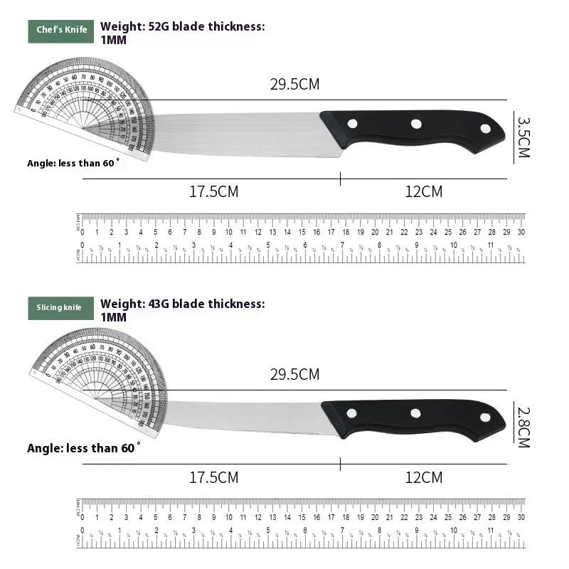 Stainless steel knife with 17.5cm blade and black A-style cutting board on kitchen countertop