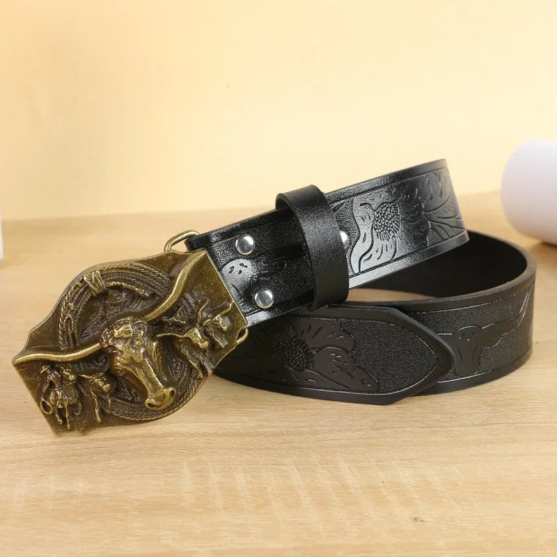 Men's brown imitation leather belt with a detailed electroplated alloy cow head buckle.