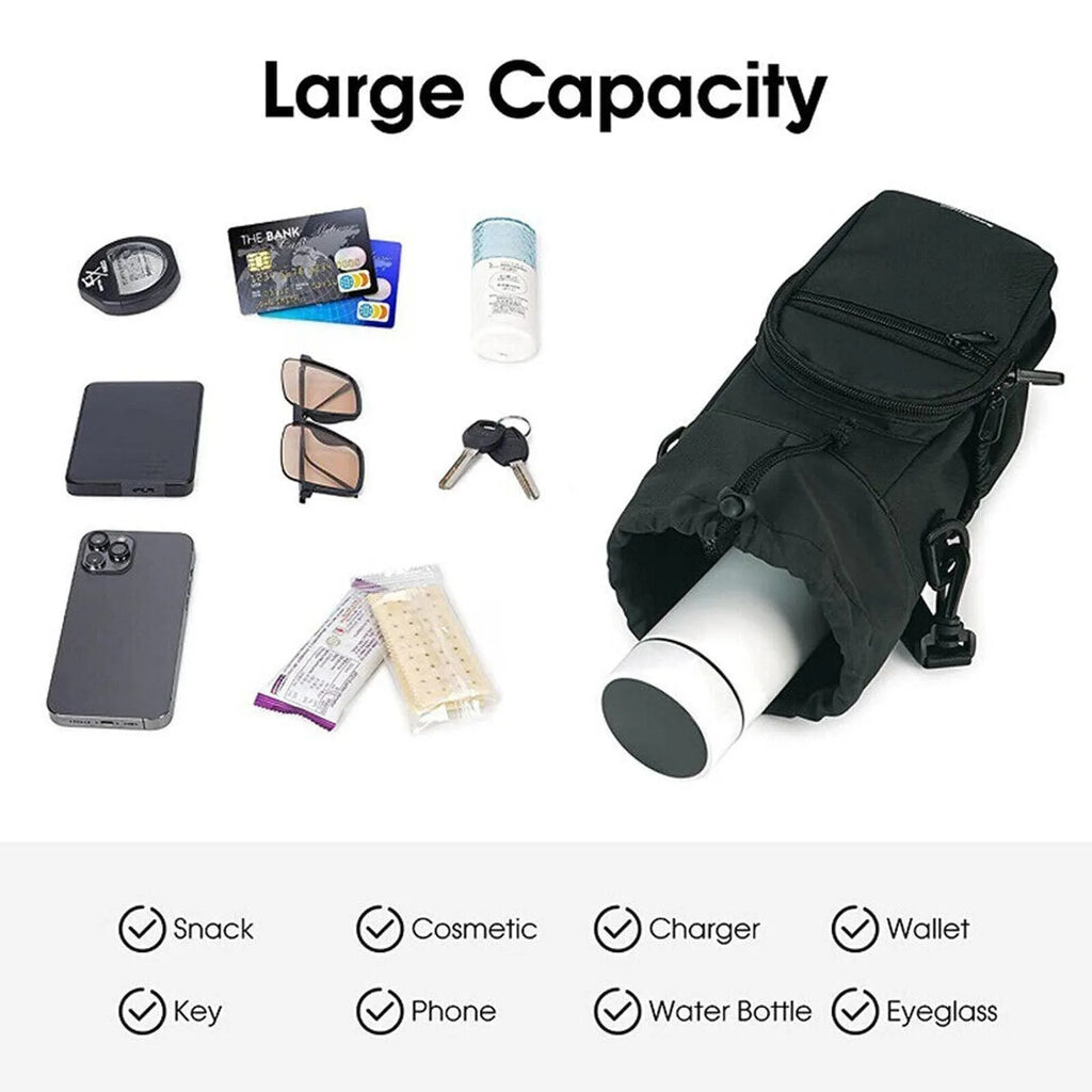 Cloth crossbody water bottle shoulder pouch in black, green, or pink colour.