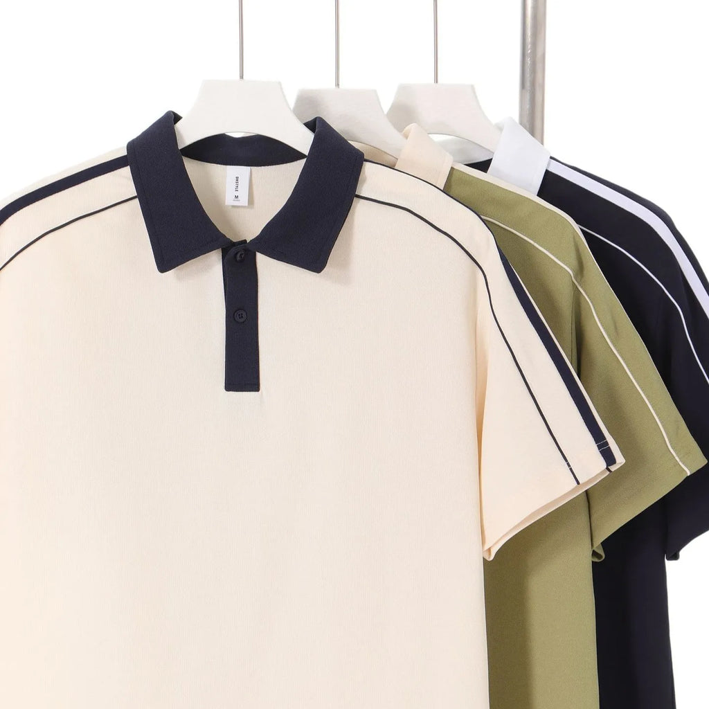 Casual lapel short sleeve T-shirt in cotton blend with loose drop shoulder fit, available in multiple colours