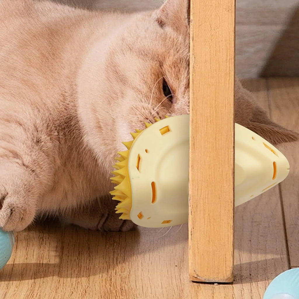 Yellow durian-shaped cat corner scratcher and grooming comb toy for indoor cats